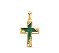 L'Atelier d'Azur Pendentif - Médaille Croix Or 18 Carats 750 Jaune - Malachite et Zirconiums - Chaine Offerte