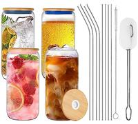 LATERN 10 Pièces Verres Canette à Bière Set, 4Pcs 20oz /600ml Gobelets en Verre Glacés en Forme de Boîte avec 4Pcs Couvercle et Paille, 2Pcs Brosses- pour Cocktail Whisky Milkshake Café Thé Soda