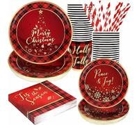 LATERN 120 Pièces Vaisselle de Fête en Papier de Noël, 24 x 9 Pouces Assiettes à Dîner, 24 x 7 Pouces Assiettes à Salade, 24 x 270ml Tasses, 24 x Serviettes, 24 x Pailles Réutilisables - pour Noël