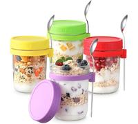 LATERN 4 Pièces Pots D'avoine pour Nuit, 360ml Bocaux Mason en Verre Marques de Mesure Conteneurs de Stockage des Aliments avec Couvercles et Cuillères pour L'avoine Céréale Fruit Lait Salade Yaourt