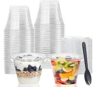 LATERN 50 Pièces Gobelets à Dessert en Plastique avec Couvercles, 270ml Rondes Coupes à Dessert Coupe Apéritif Parfait Clair Bol de Service Réutilisable avec Fourchettes pour Pudding Mousse Party