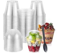 LATERN 50 Pièces Gobelets à Dessert en Plastique avec Dôme Couvercles, 270ml Rondes Coupes à Dessert Coupe Apéritif Parfait Clair Bol de Service Réutilisable avec Fourchettes pour Pudding Mousse Party
