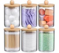 LATERN 6 Pièces Boite de Cotons-Tiges avec Couvercle en Bambou, 10oz Acrylique Distributeur pour Salle de Bain pour Meuble-Lavabo, Petit Contenant pour Cotons-Tiges avec 12Pcs Étiquettes Blanches