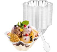 LATERN 60 Pièces Coupes à Dessert en Plastique avec Cuillères, 240ml Tasses à Dessert en Forme de Fleur Gobelets Transparentes pour Apéritifs Bols de Service Réutilisables pour Pudding Mousse Fête