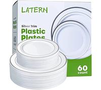 LATERN 60 Pièces Vaisselle en Plastique Argenté, 30 Pièces Assiettes Plates 26cm + 30 Pièces Assiettes à Salade 19cm, Réutilisable pour Anniversaire Mariage Dessert Jardin Fête