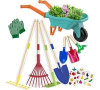 LATERN Ensemble d'outils de jardinage pour enfants, brouette de 70 cm avec pelle en métal de 70 cm, râteau à feuilles, râteau à feuilles de 20 cm, gants éducatifs STEM, jouet d'apprentissage pour
