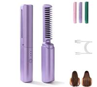 Latest Hairdressing Comb, Portable Ceramic Hair Dressing Comb with 3 Temp Settings, Rechargeable Curling Iron Cordless, Cordless 2-in-1 Touch-Up Combs for Less Frizz, for Woman Travel (Purple)