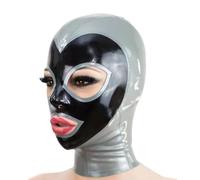 Latex Kapuze Silbernähte Schwarze Rücken Reißverschluss Offene Augen Und Mund Gummihaube,Alles Schwarz,XL