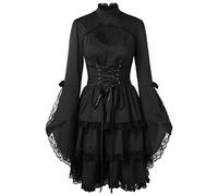 LATH.PIN Robe Médiévale Renaissance Halloween pour Femme Robe de Dentelle Vintage avec Lacets Robe Lolita Gothique (M, Noir)
