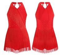 Latin Dance Cha-cha Samba Salsa Costume Rhinestones Fringe Leotard Dress Sleeveless Strappy Back Tassel Jumpsuit(Red,8)