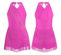 Latin Dance Cha-cha Samba Salsa Costume Rhinestones Fringe Leotard Dress Sleeveless Strappy Back Tassel Jumpsuit(Hot Pink,8)