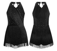 Latin Dance Cha-cha Samba Salsa Costume Rhinestones Fringe Leotard Dress Sleeveless Strappy Back Tassel Jumpsuit(Black,6)