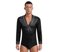 Latin Jazz String Paillettes Masculin Chemises de danse à col en V en strass for hommes Unitard Ballroom Modern Latin Tango Rumba Chacha Justaucorps à manches longues Body Vêtements de danse(Black,M)