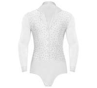 Latin Jazz String Paillettes Masculin Chemises de danse à col en V en strass for hommes Unitard Ballroom Modern Latin Tango Rumba Chacha Justaucorps à manches longues Body Vêtements de danse(White,M)