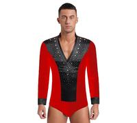 Latin Jazz String Paillettes Masculin Chemises de danse à col en V en strass for hommes Unitard Ballroom Modern Latin Tango Rumba Chacha Justaucorps à manches longues Body Vêtements de danse(Red C,L)
