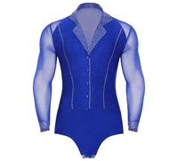 Latin Jazz String Paillettes Masculin Chemises de danse à col en V en strass for hommes Unitard Ballroom Modern Latin Tango Rumba Chacha Justaucorps à manches longues Body Vêtements de danse(Blue,3XL)
