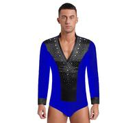 Latin Jazz String Paillettes Masculin Chemises de danse à col en V en strass for hommes Unitard Ballroom Modern Latin Tango Rumba Chacha Justaucorps à manches longues Body Vêtements de danse(Blue C,M)