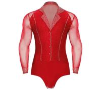 Latin Jazz String Paillettes Masculin Chemises de danse à col en V en strass for hommes Unitard Ballroom Modern Latin Tango Rumba Chacha Justaucorps à manches longues Body Vêtements de danse(Red,XL)