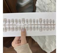 LatoYard Kit de faux ongles artificiels réutilisables de forme ovale avec strass écrasés et paillettes nude (D)