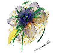LATRAT Chapeau de bowler vintage en maille avec plumes et cœur en maille pour femmes et filles, Jaune/violet/vert