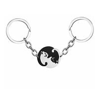 LATRAT Porte-clés de couple en acier inoxydable, rond inox avec pendentif puzzle chat noir et blanc, un porte-clés représentant l'amour ou l'amitié, un cadeau pour lui/elle, argent, normal