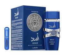 Lattafa Asad Zanzibar EDP 100 ml, Parfum Arabe pour Homme à Longue Durée Inclut Atomiseur, Fragrance Tropicale Fraîche et Épicée avec Agrumes, Fruits Exotiques, Ambre et Bois (Zanzibar)