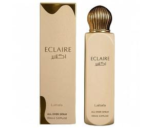 Lattafa Eclaire All Over Spray 150ml - Brume Parfumée Gourmande pour Femme, Senteur Longue Durée Caramel, Vanille, Lait Sucré & Miel - Parfum de Dubaï pour Corps et Cheveux, Idée Cadeau Femme