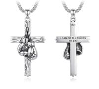 Lattd Collier avec pendentif en forme de gants de boxe pour homme en argent sterling 925 Philippiens 4:13 « I CAN DO ALL THINGS » avec pendentif en forme de croix - Bijou de sport chrétien - Cadeau de