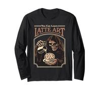 Latte Art Coffee Grim Reaper Retro Vintage Funny Adult Humor Manche Longue