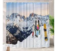 Latwerio Rideau Douche Ski 180x180 cm Rideau de Douche Anti Moisissure Montagnes Enneigées Rideaux Baignoire Lavable en Machine Shower Curtain pour Salle de Bain avec 12 Crochets U2419