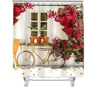 Latwerio Rideau Douche Vélo 180x180 cm Rideau de Douche Anti Moisissure Motif de Bougainvilliers Rideaux Baignoire Lavable en Machine Shower Curtain pour Salle de Bain avec 12 Crochets U277