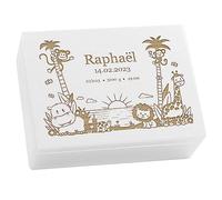 LAUBLUST Boîte à souvenir bébé - Jungle - Cadeau naissance personnalisable | Taille L, env. 40x30x14cm, Blanc - Boîte décorative en bois avec couvercle, FSC®