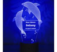 LAUBLUST Veilleuse bébé colorée 3D - Lampe chambre enfant LED avec socle en bois - Cadeau bébé personnalisé de naissance & baptême - Motif Dauphins