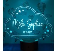 LAUBLUST Veilleuse LED pour enfants - Lampe 3D personnalisée avec prénom & texte | Nuage, trois socles en bois naturel - Cadeau de naissance & de baptême pour fille et garçon | Déco chambre d'enfant