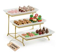 LAUCHUH Plateau de service à 3 niveaux en porcelaine avec support pliable plus robuste, plats de service et plateaux pour Thanksgiving, Noël, divertissement, doré, 30,5 cm