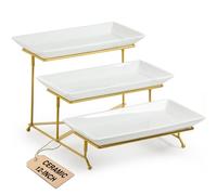 LAUCHUH Plateau de service à 3 niveaux, plateau de service en porcelaine avec support pliable plus robuste, plateaux de service et plateaux de service pour fête des mères, doré, 30,5 cm