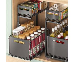 LAUFUY Tiroir de cuisine télescopique à 2 niveaux, extensible à 2 étages, organisateur d'armoire de cuisine pliable pour placard, évier et plan de travail, étagère de cuisine évolutive en métal