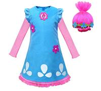 laughZuaia Costume de princesse pour fille - Trolls - Coquelicot - Avec perruque - Pour Halloween, cosplay, fête - Cadeaux de fête (130, style 1)