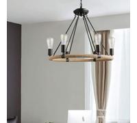 LAUMZX Lustre rustique en forme de roue de chariot en corde de chanvre, éclairage suspendu industriel à 6 lumières en métal noir, plafonnier rond de ferme for îlot de cuisine, salle à manger, foyer