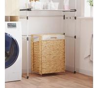 Laundry Basket with 3 Compartments, Water Hyacinth Material, Metal Frame, Foldable Design, Ideal for Bathroom, Bedroom, Storage, Beige Liner, 44W x 34D x 64H cm