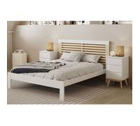LAUPELL - Pack Lit 140x190cm + 2 Chevets 3 Tiroirs Pin Naturel et Blanc Scandinave