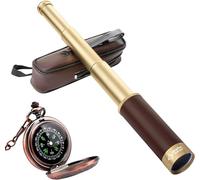 Laupha 25x30 Télescope Pirate Vintage Monoculaire Zoomable Longue Vue Enfant avec Boussole Lentille BAK-4 Imperméable Mini Télescope avec Boussole pour Voyage Navigation Voile
