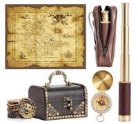 Laupha Kit d'aventure de chasse au trésor de pirate pour enfants, télescope avec sac, carte au trésor, coffre au trésor et boussole, jouets de simulation de pirate, cadeaux pour garçons et filles