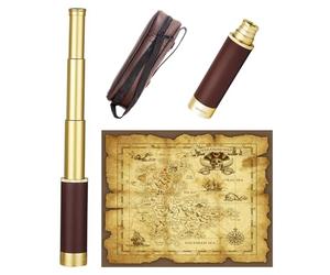 Laupha Télescope pirate rétro zoomable avec carte au trésor 63,5 x 76,2 cm - Télescope portable et pliable - Monoculaire vintage pour enfants et équipement de survie - Boussole de poche militaire