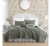 Laura Ashley - Parure de lit réversible en Velours uni, Toutes Saisons, avec Couvre-lit, taie d'oreiller et Housse de Coussin Offerte, Vert foncé avec surpiqûres en Losanges, lit King-Size