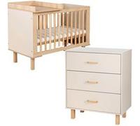 LAURA Ensemble bébé commode et lit évolutif 120x60 Champagne + plan à langer lit Beige