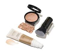 LAURA GELLER NEW YORK Kit de routine quotidienne - Fond de teint en poudre correcteur de couleur, fond de teint clair + kabuki incliné rétractable + apprêt de maquillage Spackle, éclat champagne (3