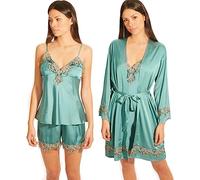 Laura in - Ensemble de Pyjama en Soie Satin pour Femme avec Dentelle 5 pièces, Robe Kimono, Chemise de Nuit, Haut, Pantalon et short-1102VertS