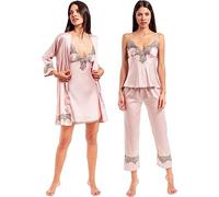 Laura in - Ensemble de Pyjama en Soie Satin pour Femme avec Dentelle 5 pièces, Robe Kimono, Chemise de Nuit, Haut, Pantalon et short-1102RoseXL