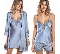 Laura in - Ensemble de Pyjama en Soie Satin pour Femme avec Dentelle 5 pièces, Robe Kimono, Chemise de Nuit, Haut, Pantalon et short-1102GrisS